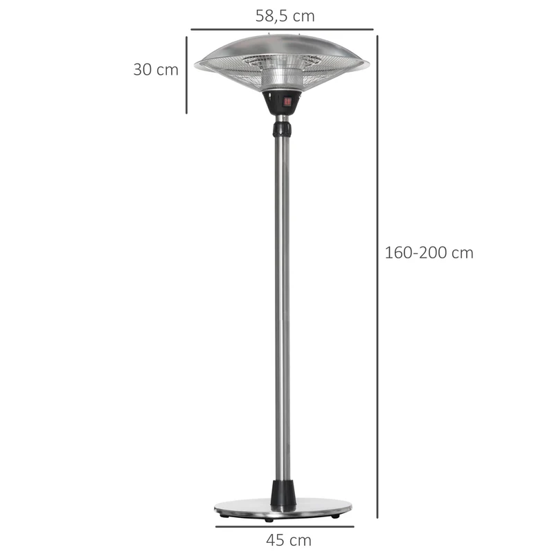 Parasol chauffant électrique terrasse 58.5 x 58.5 x 160-200 cm 3 niveaux arrêt basculement moderne en aluminium argent 21_0003907