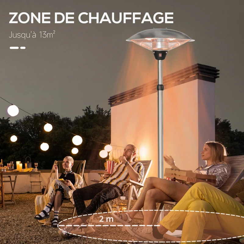 Parasol chauffant électrique terrasse 58.5 x 58.5 x 160-200 cm 3 niveaux arrêt basculement moderne en aluminium argent 21_0003907
