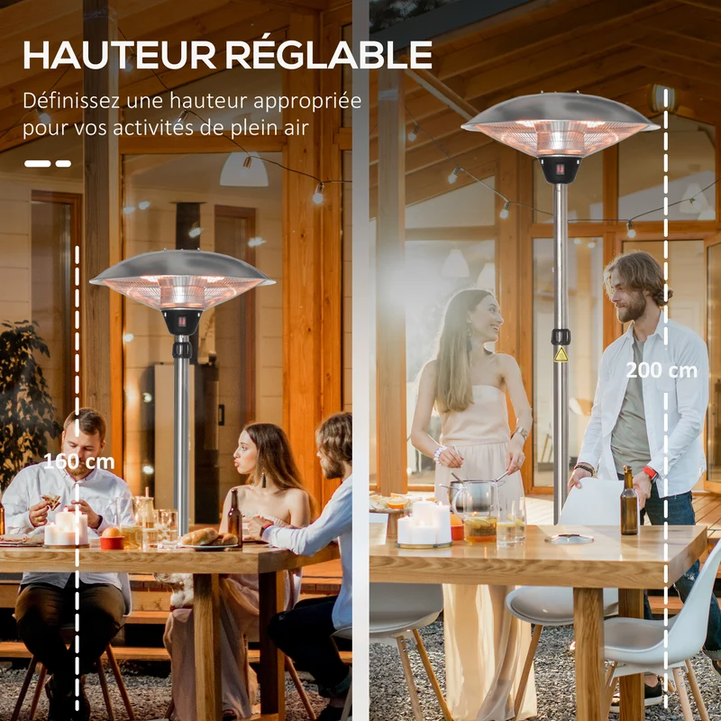 Parasol chauffant électrique terrasse 58.5 x 58.5 x 160-200 cm 3 niveaux arrêt basculement moderne en aluminium argent 21_0003907
