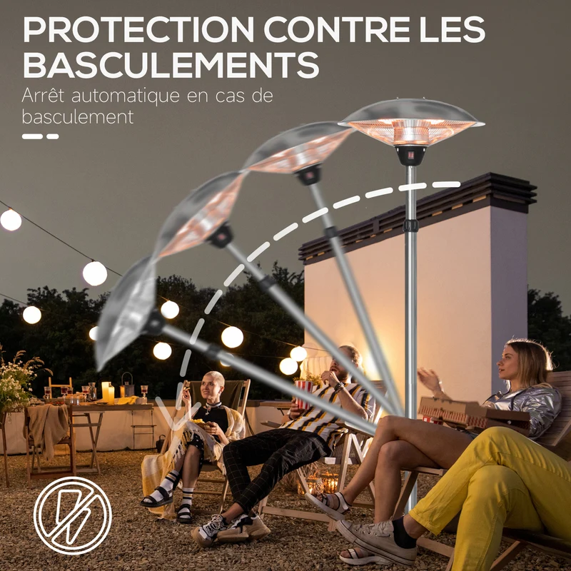 Parasol chauffant électrique terrasse 58.5 x 58.5 x 160-200 cm 3 niveaux arrêt basculement moderne en aluminium argent 21_0003907