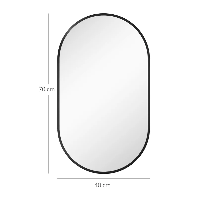 Miroir ovale mural 40 x 70 cm fixation 2 positions 3 crochets idéal salle de bain design minimaliste en aluminium noir 21_0002019