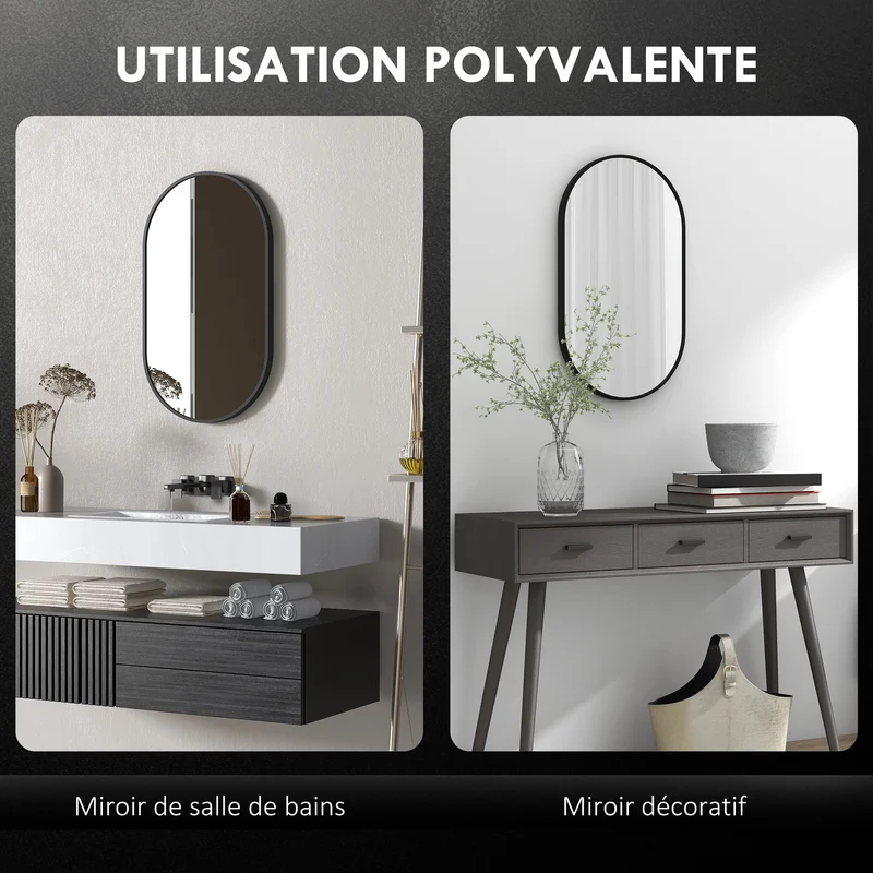 Miroir ovale mural 40 x 70 cm fixation 2 positions 3 crochets idéal salle de bain design minimaliste en aluminium noir 21_0002019