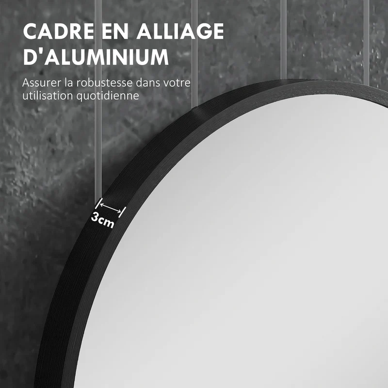 Miroir ovale mural 40 x 70 cm fixation 2 positions 3 crochets idéal salle de bain design minimaliste en aluminium noir 21_0002019