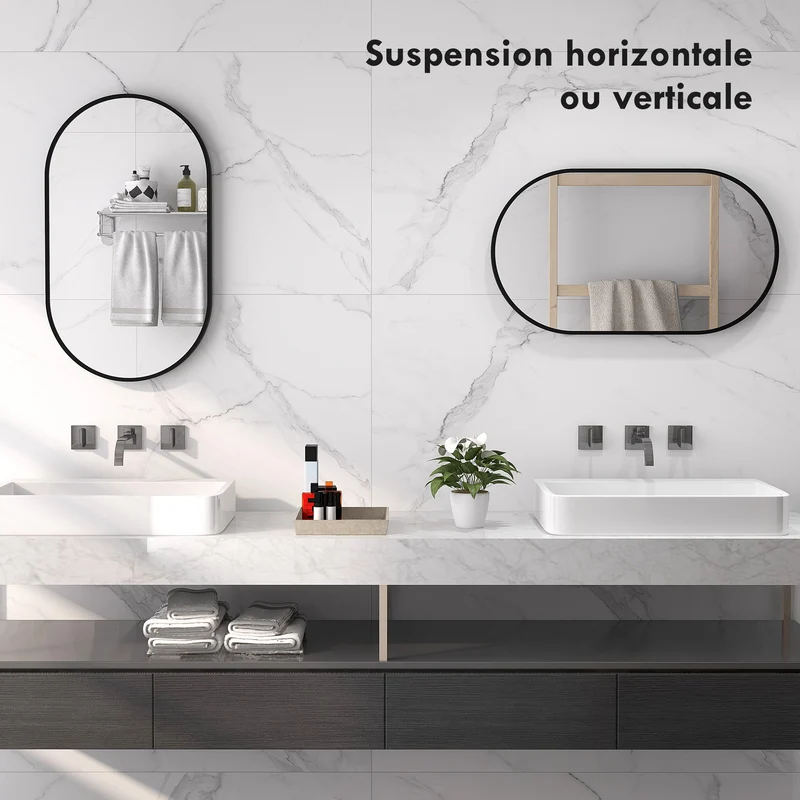 Miroir ovale mural 40 x 70 cm fixation 2 positions 3 crochets idéal salle de bain design minimaliste en aluminium noir 21_0002019