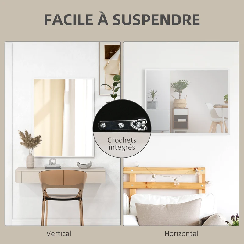 Miroir mural rectangulaire salle de bain salon chambre 70 x 90 cm illumine agrandit l'espace moderne épuré en MDF blanc 21_0001361