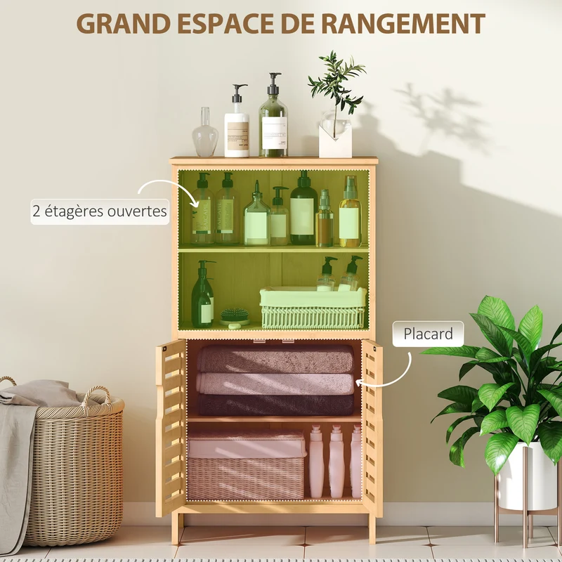 Meuble de rangement salle de bain 50 x 29 x 92 cm gain de place anti basculement compact scandinave en bambou naturel 21_0001928