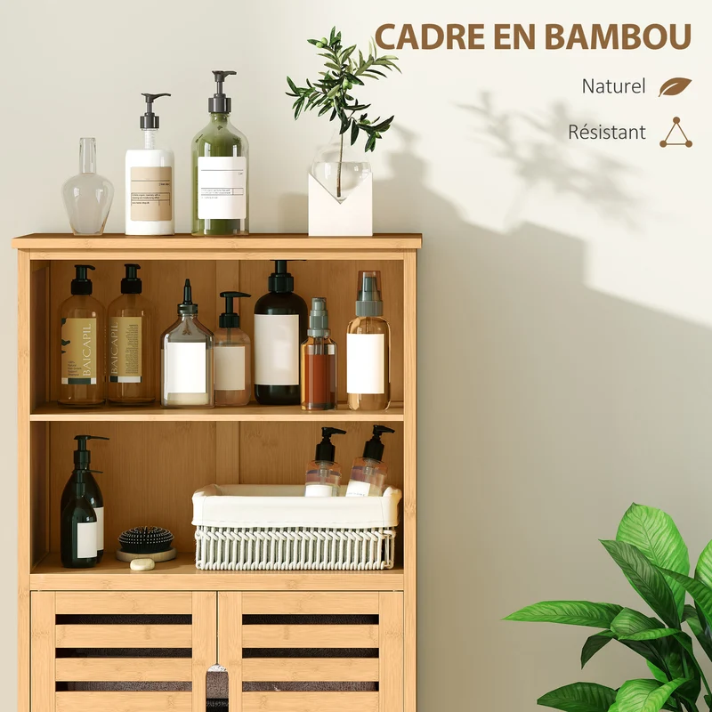 Meuble de rangement salle de bain 50 x 29 x 92 cm gain de place anti basculement compact scandinave en bambou naturel 21_0001928