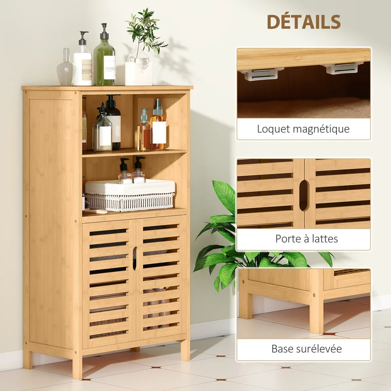 Meuble de rangement salle de bain 50 x 29 x 92 cm gain de place anti basculement compact scandinave en bambou naturel 21_0001928