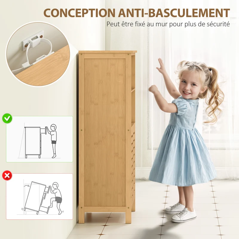 Meuble de rangement salle de bain 50 x 29 x 92 cm gain de place anti basculement compact scandinave en bambou naturel 21_0001928