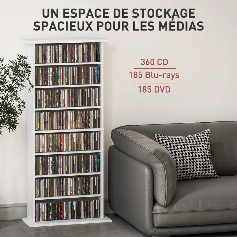 Meuble de rangement pour cd et dvd 58 x 24 x 126 cm 360 cd étagères réglables moderne en panneau de particules blanc 21_0002522