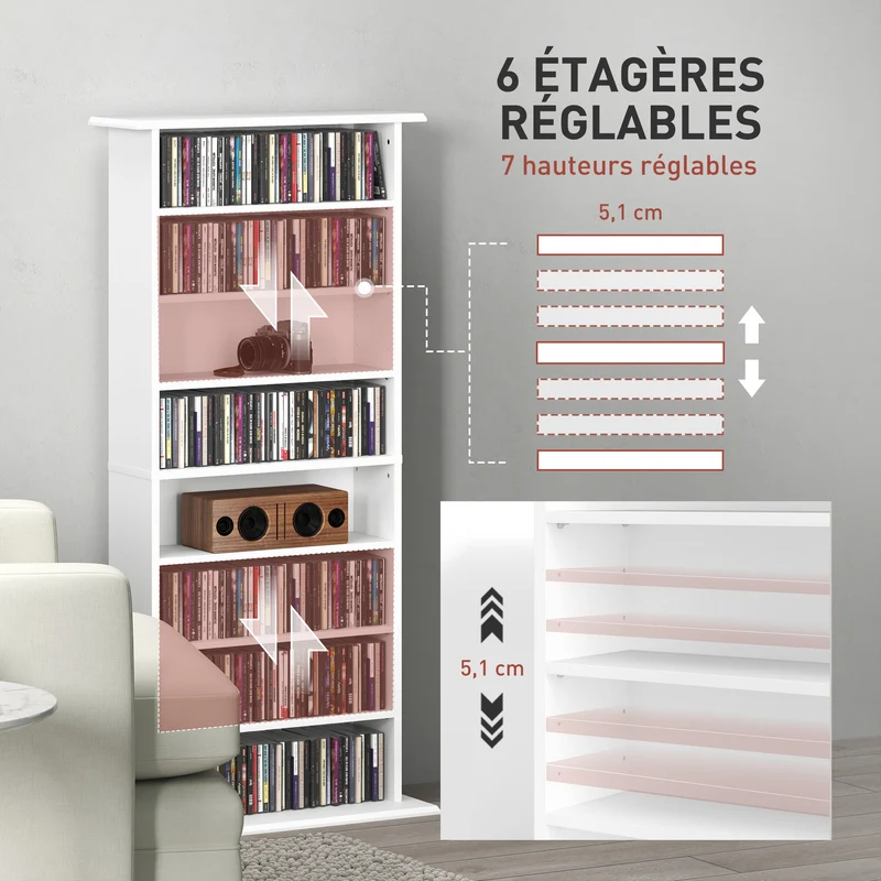 Meuble de rangement pour cd et dvd 58 x 24 x 126 cm 360 cd étagères réglables moderne en panneau de particules blanc 21_0002522