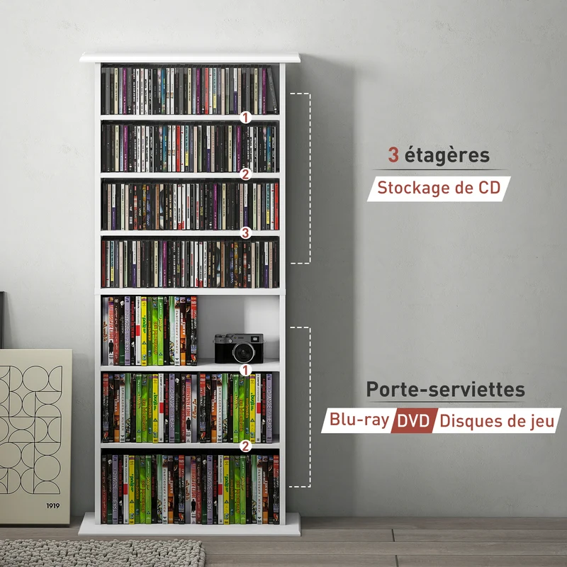 Meuble de rangement pour cd et dvd 58 x 24 x 126 cm 360 cd étagères réglables moderne en panneau de particules blanc 21_0002522
