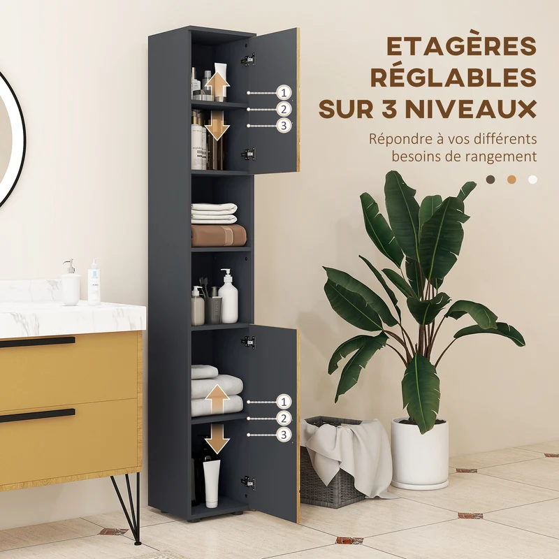 Meuble colonne salle de bain 30 x 30 x 183 cm gain de place étagère réglable moderne en panneau de particules gris foncé 21_0001998
