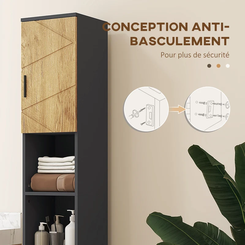 Meuble colonne salle de bain 30 x 30 x 183 cm gain de place étagère réglable moderne en panneau de particules gris foncé 21_0001998