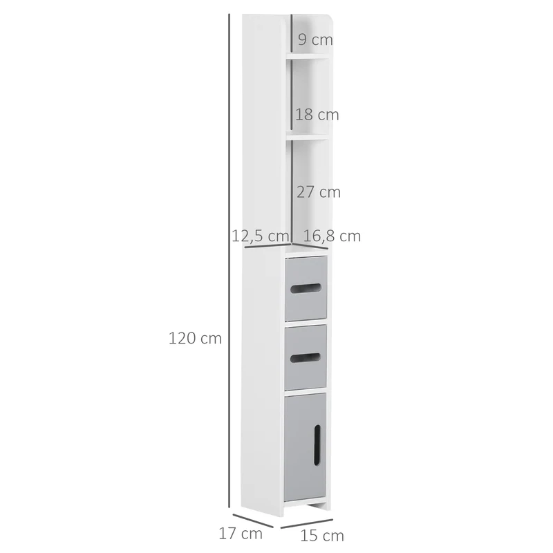 Meuble colonne salle de bain 15 x 17 x 120 cm 3 placards 3 étagères gain de place design épuré contemporain en MDF gris 21_0001922