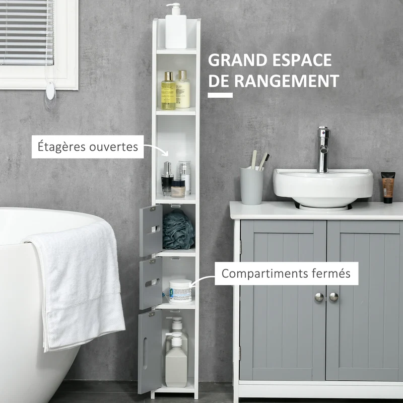 Meuble colonne salle de bain 15 x 17 x 120 cm 3 placards 3 étagères gain de place design épuré contemporain en MDF gris 21_0001922