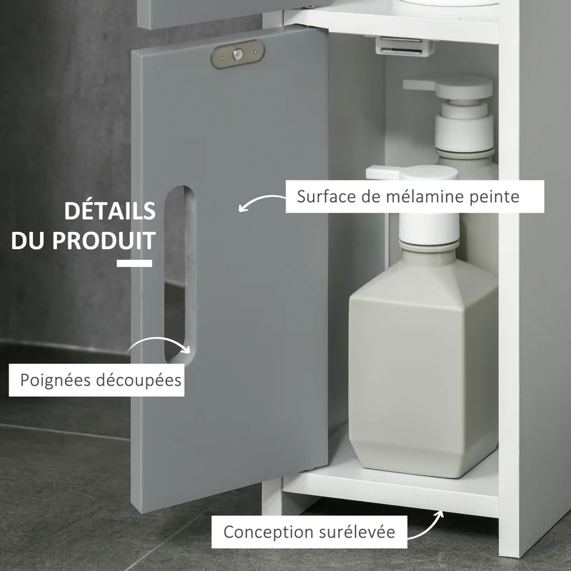 Meuble colonne salle de bain 15 x 17 x 120 cm 3 placards 3 étagères gain de place design épuré contemporain en MDF gris 21_0001922