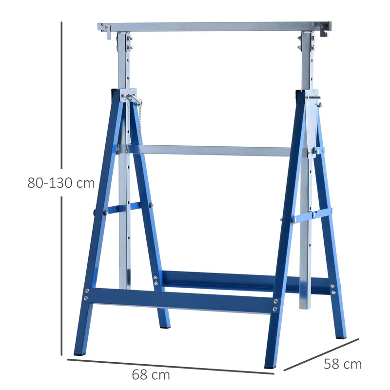Lot de 2 tréteaux pliables réglables 68 x 58 x 80 cm hauteur 80-130 cm 6 pieds compacts stables industriel en acier bleu 21_0007080