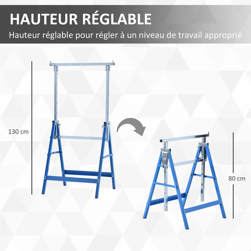 Lot de 2 tréteaux pliables réglables 68 x 58 x 80 cm hauteur 80-130 cm 6 pieds compacts stables industriel en acier bleu 21_0007080
