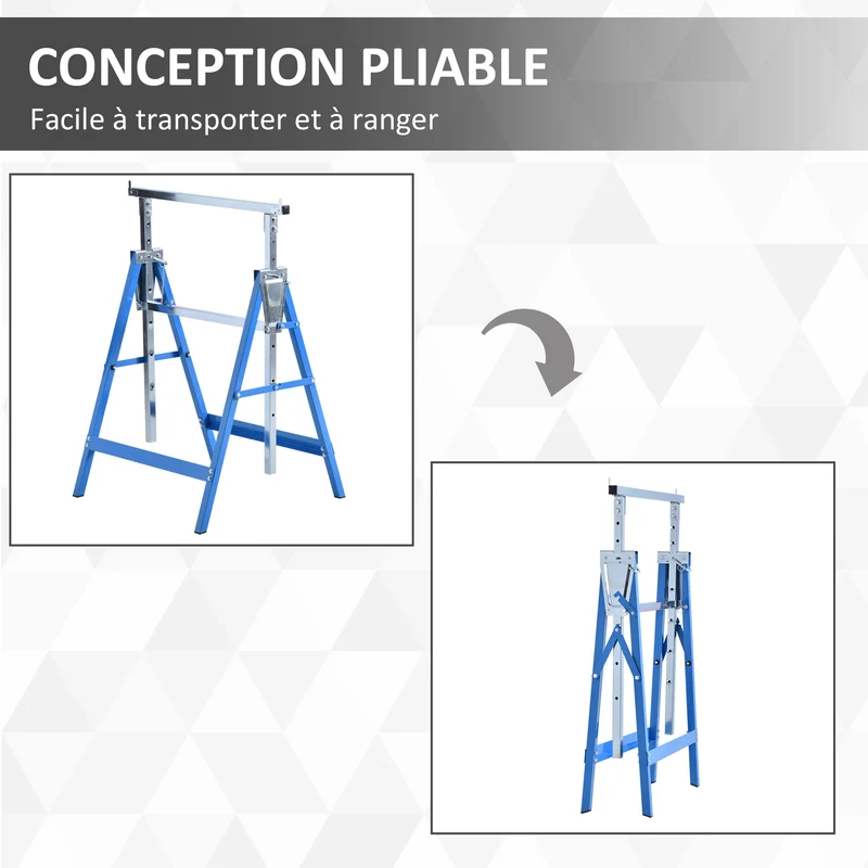 Lot de 2 tréteaux pliables réglables 68 x 58 x 80 cm hauteur 80-130 cm 6 pieds compacts stables industriel en acier bleu 21_0007080