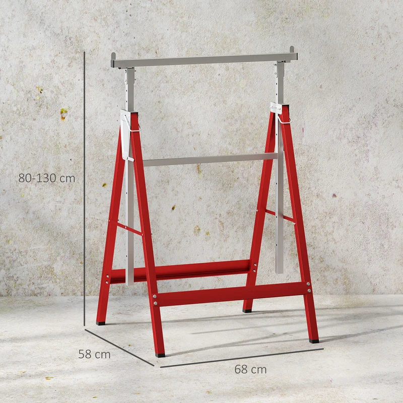 Lot de 2 tréteaux pliables pour travaux 68 x 58 x 80 cm hauteur réglable 80 à 130 cm stables industriel en acier rouge 21_0007081