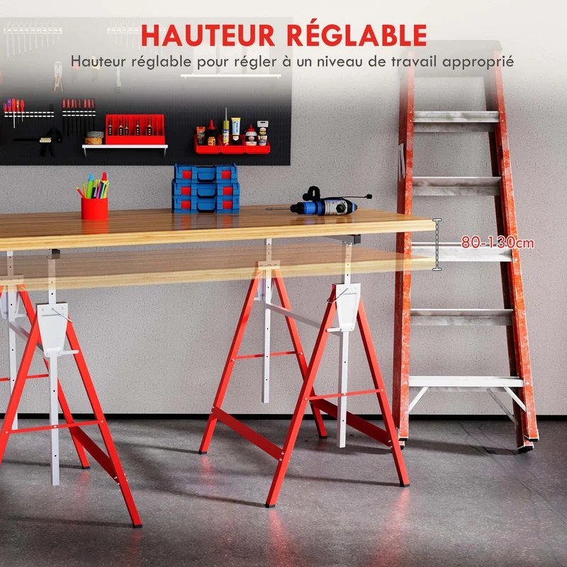 Lot de 2 tréteaux pliables pour travaux 68 x 58 x 80 cm hauteur réglable 80 à 130 cm stables industriel en acier rouge 21_0007081