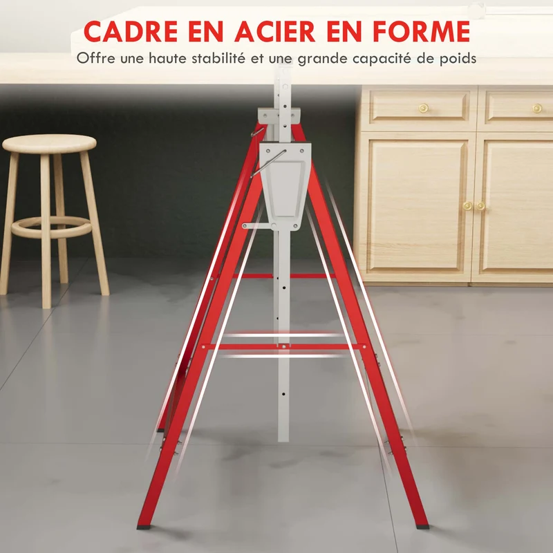 Lot de 2 tréteaux pliables pour travaux 68 x 58 x 80 cm hauteur réglable 80 à 130 cm stables industriel en acier rouge 21_0007081
