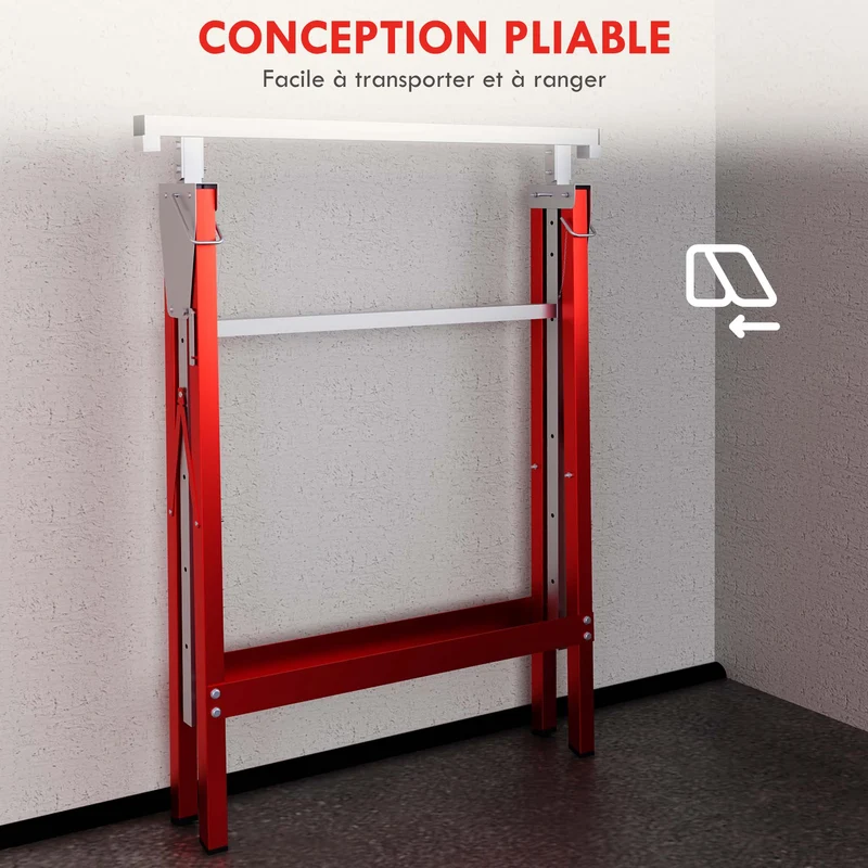 Lot de 2 tréteaux pliables pour travaux 68 x 58 x 80 cm hauteur réglable 80 à 130 cm stables industriel en acier rouge 21_0007081