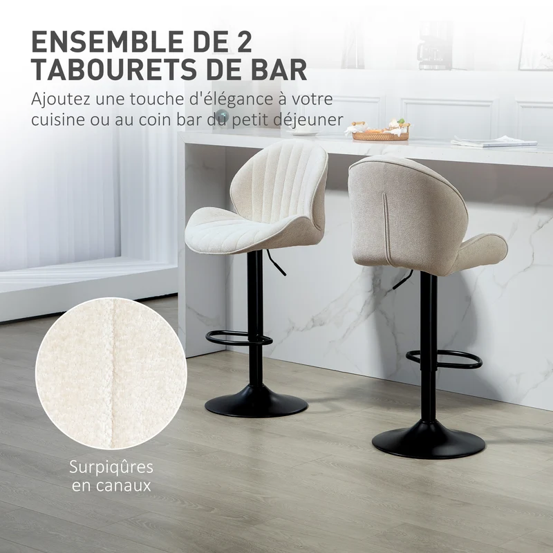 Lot de 2 tabourets de bar coquille 48 x 50 x 94-115 cm réglables pivotants rembourrés contemporain en polyester beige 21_0003283