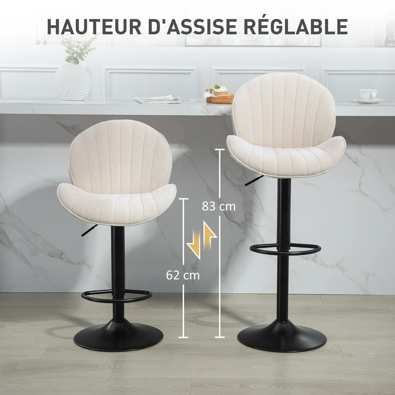 Lot de 2 tabourets de bar coquille 48 x 50 x 94-115 cm réglables pivotants rembourrés contemporain en polyester beige 21_0003283