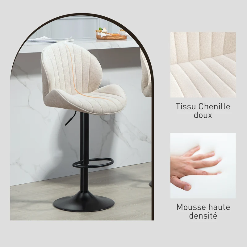 Lot de 2 tabourets de bar coquille 48 x 50 x 94-115 cm réglables pivotants rembourrés contemporain en polyester beige 21_0003283