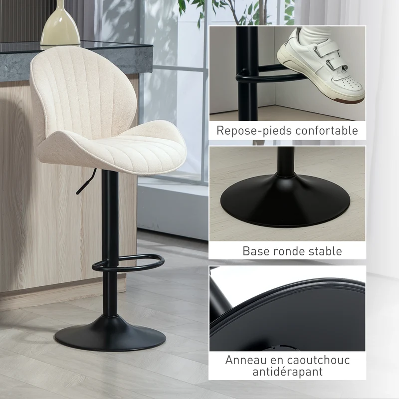 Lot de 2 tabourets de bar coquille 48 x 50 x 94-115 cm réglables pivotants rembourrés contemporain en polyester beige 21_0003283