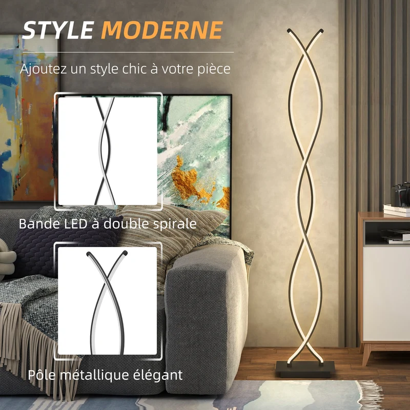 Lampadaire sur pied spirale 35 x 20 x 140 cm éclairage led 3 intensités base stable moderne salon en aluminium noir 21_0007034