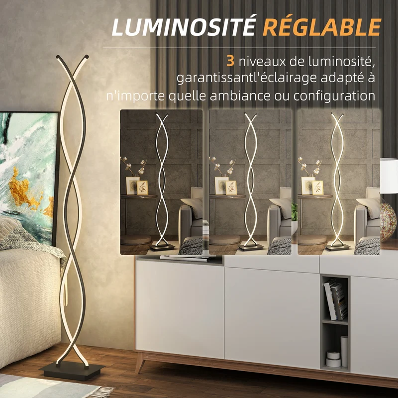 Lampadaire sur pied spirale 35 x 20 x 140 cm éclairage led 3 intensités base stable moderne salon en aluminium noir 21_0007034
