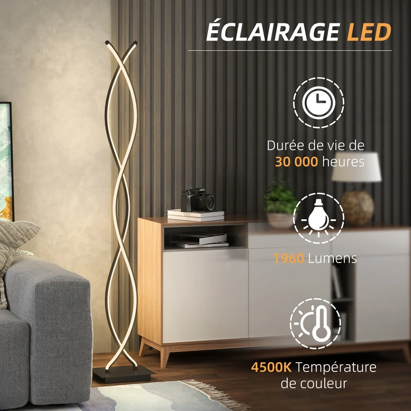 Lampadaire sur pied spirale 35 x 20 x 140 cm éclairage led 3 intensités base stable moderne salon en aluminium noir 21_0007034