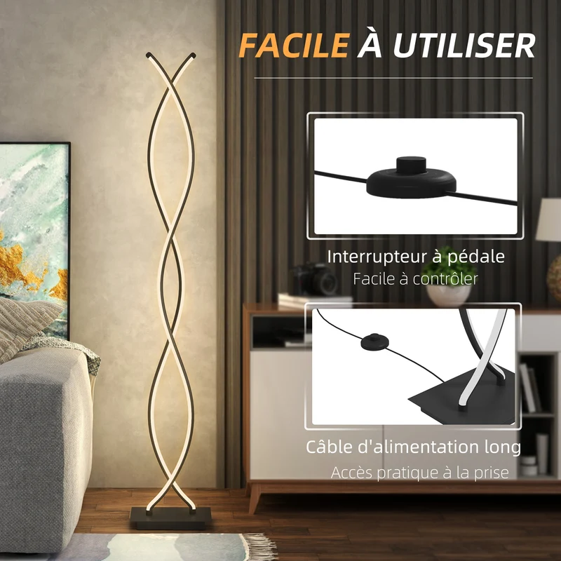 Lampadaire sur pied spirale 35 x 20 x 140 cm éclairage led 3 intensités base stable moderne salon en aluminium noir 21_0007034
