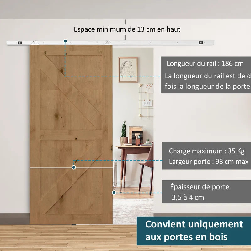 Kit complet porte coulissante 93 x 4 cm rail 186 x 3 cm gain de place installation facile style industriel en acier gris 21_0007137