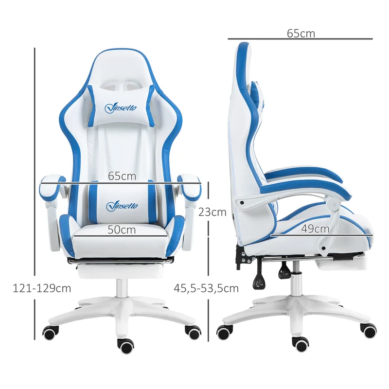 Fauteuil de jeu ergonomique inclinable 135° 65 x 65 x 121-129 cm soutien lombaire moderne pivotant en polyuréthane blanc 21_0006229