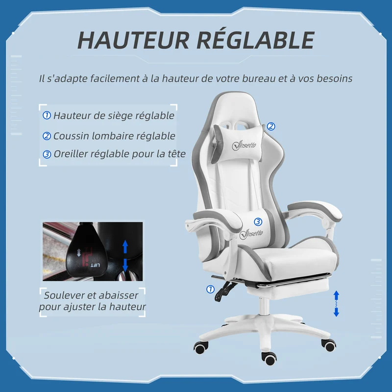 Fauteuil de jeu ergonomique inclinable 135° 65 x 65 x 121-129 cm soutien lombaire moderne pivotant en polyuréthane blanc 21_0006229