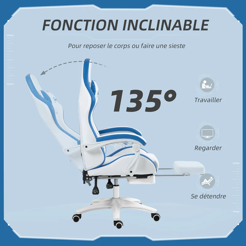 Fauteuil de jeu ergonomique inclinable 135° 65 x 65 x 121-129 cm soutien lombaire moderne pivotant en polyuréthane blanc 21_0006229