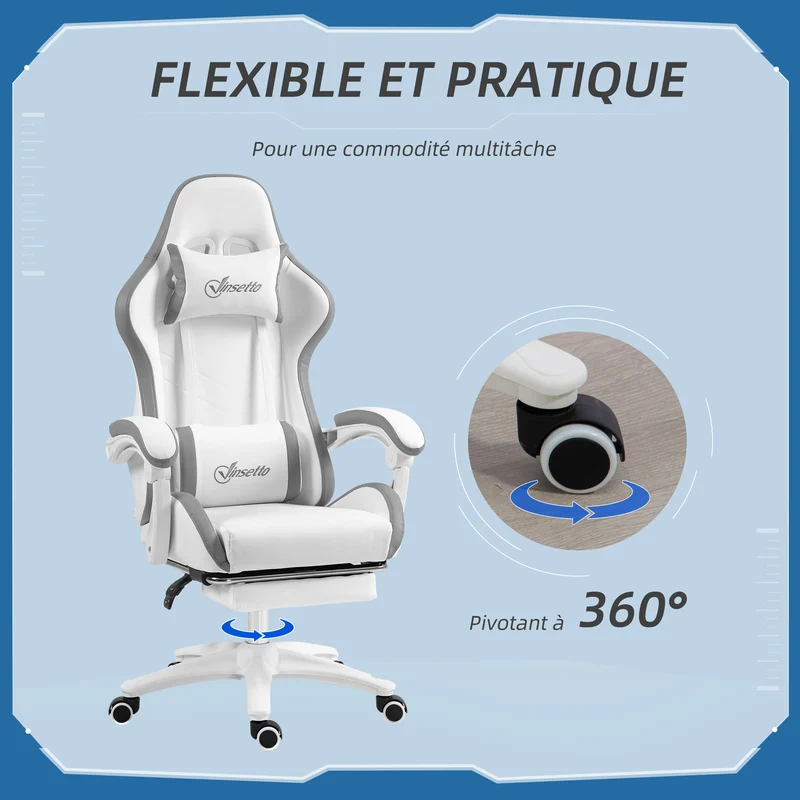 Fauteuil de jeu ergonomique inclinable 135° 65 x 65 x 121-129 cm soutien lombaire moderne pivotant en polyuréthane blanc 21_0006229
