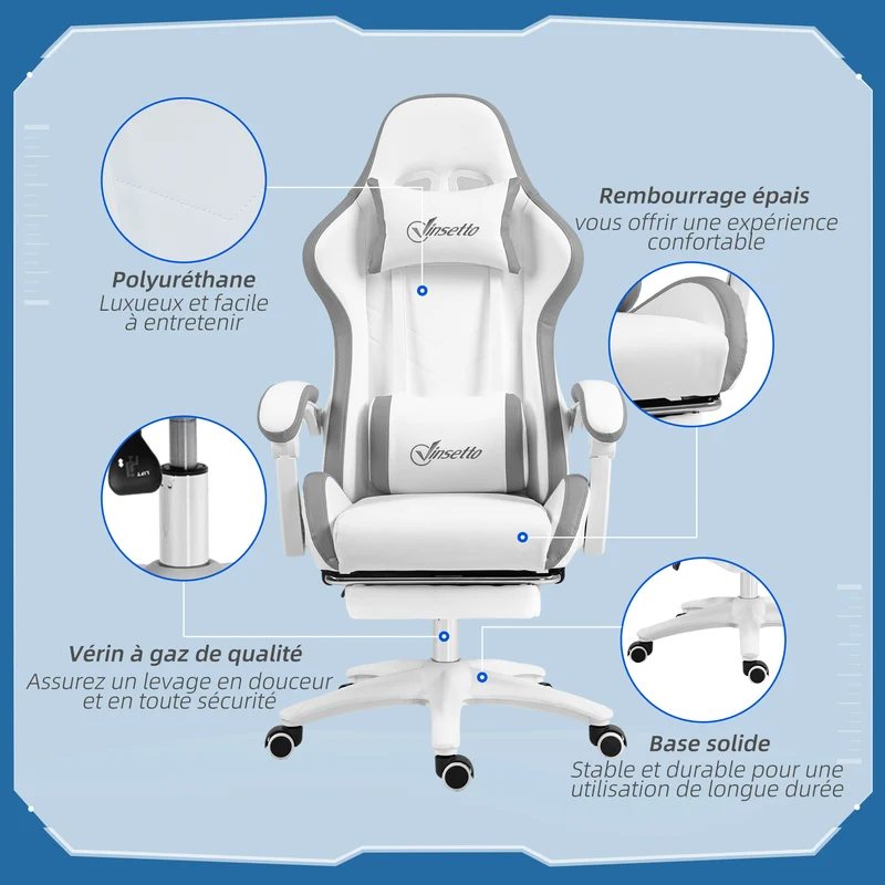 Fauteuil de jeu ergonomique inclinable 135° 65 x 65 x 121-129 cm soutien lombaire moderne pivotant en polyuréthane blanc 21_0006229