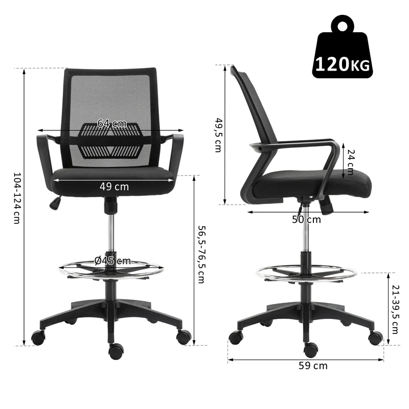 Fauteuil de bureau assise haute 64 x 59 x 104-124 cm assise réglable pivotant 360° contemporain épuré en maille noir 21_0006158