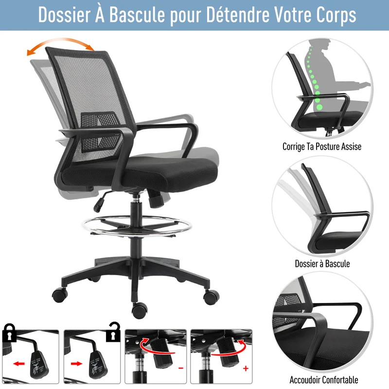 Fauteuil de bureau assise haute 64 x 59 x 104-124 cm assise réglable pivotant 360° contemporain épuré en maille noir 21_0006158