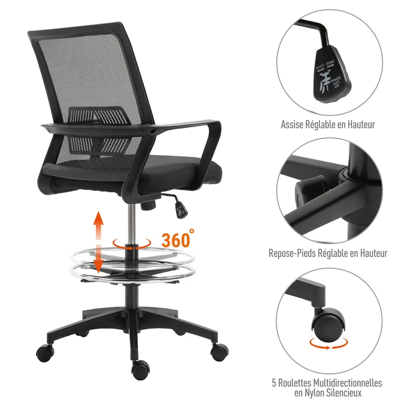 Fauteuil de bureau assise haute 64 x 59 x 104-124 cm assise réglable pivotant 360° contemporain épuré en maille noir 21_0006158