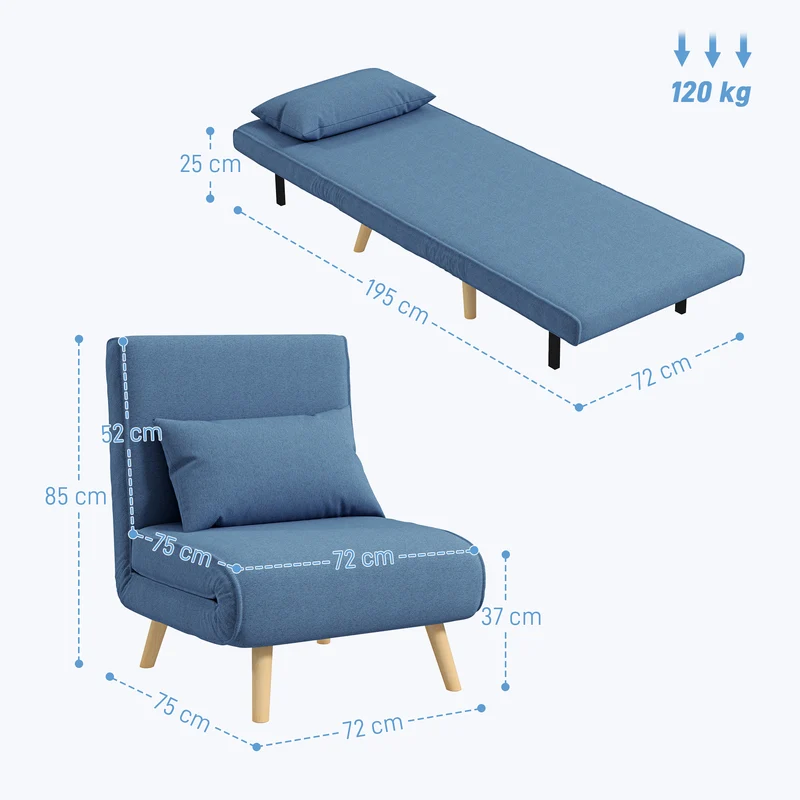 Fauteuil convertible 1 place méridienne 72 x 75 x 85 cm dossier 5 positions assise ferme moderne en polyester bleu 21_0003428