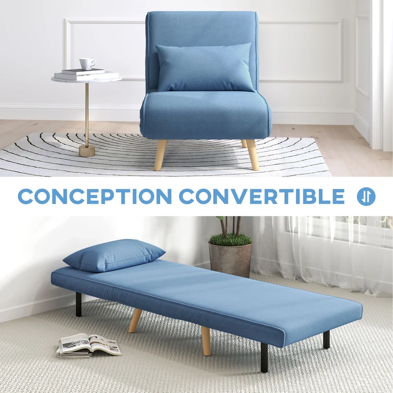 Fauteuil convertible 1 place méridienne 72 x 75 x 85 cm dossier 5 positions assise ferme moderne en polyester bleu 21_0003428