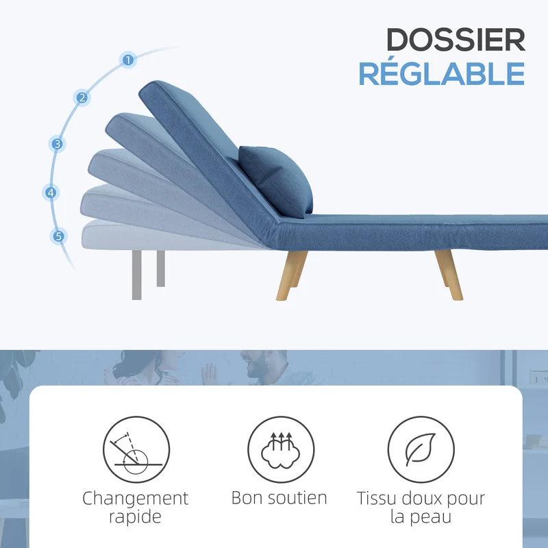 Fauteuil convertible 1 place méridienne 72 x 75 x 85 cm dossier 5 positions assise ferme moderne en polyester bleu 21_0003428