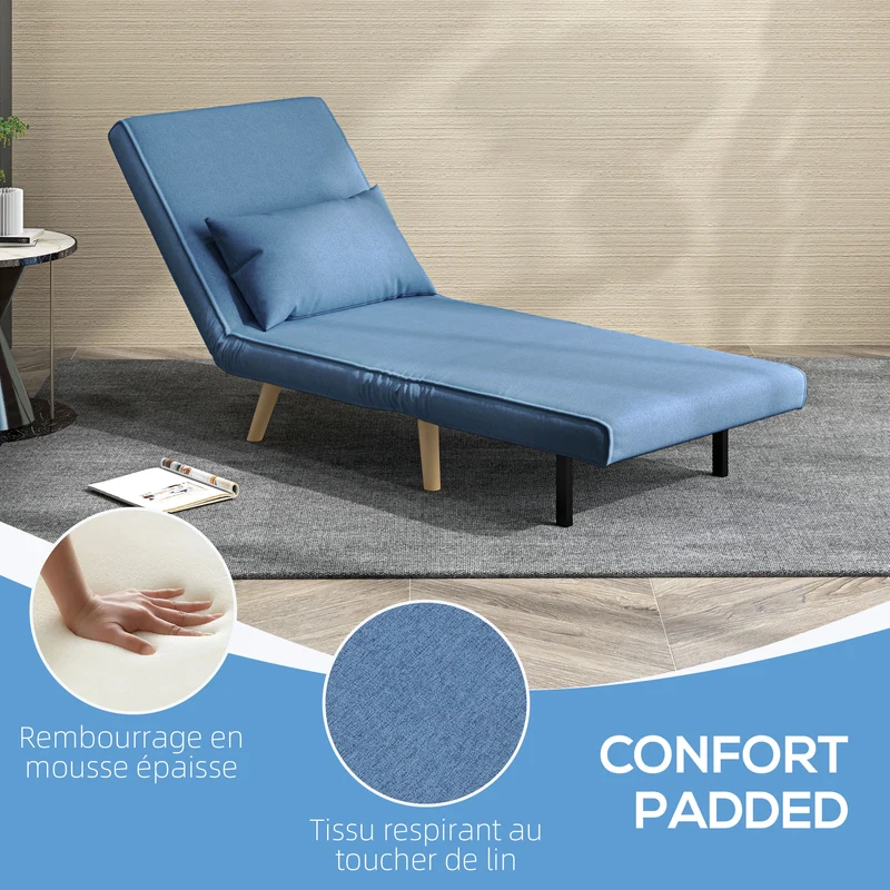 Fauteuil convertible 1 place méridienne 72 x 75 x 85 cm dossier 5 positions assise ferme moderne en polyester bleu 21_0003428