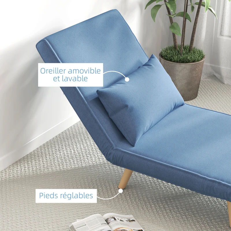Fauteuil convertible 1 place méridienne 72 x 75 x 85 cm dossier 5 positions assise ferme moderne en polyester bleu 21_0003428